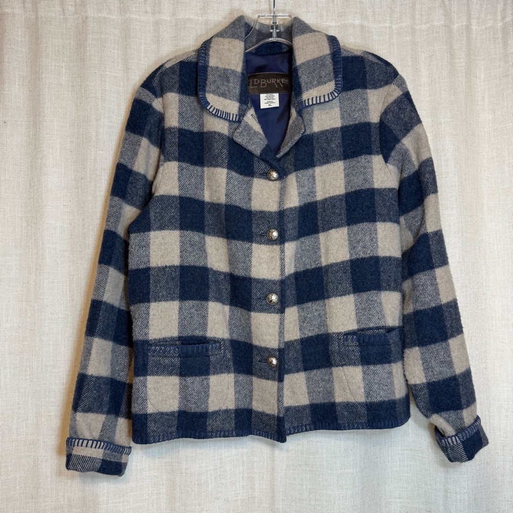 LD Burke Vintage Wool Blend Jacket Buffalo Plaid Blue Beige Women’s Button Up XL